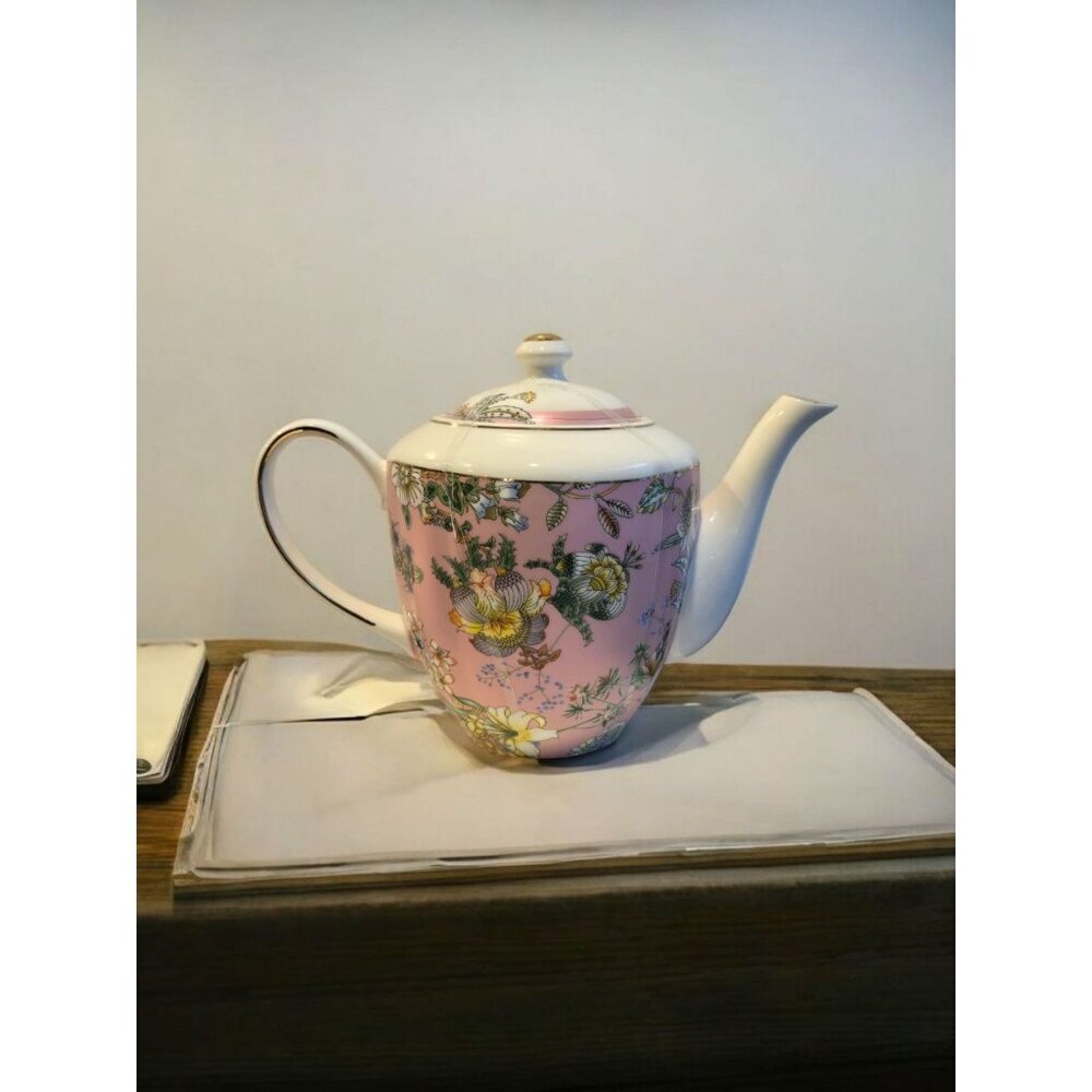New Japanese Asian Pink Floral Porcelain Japan Tea Pot W/ Lid Gold Trim